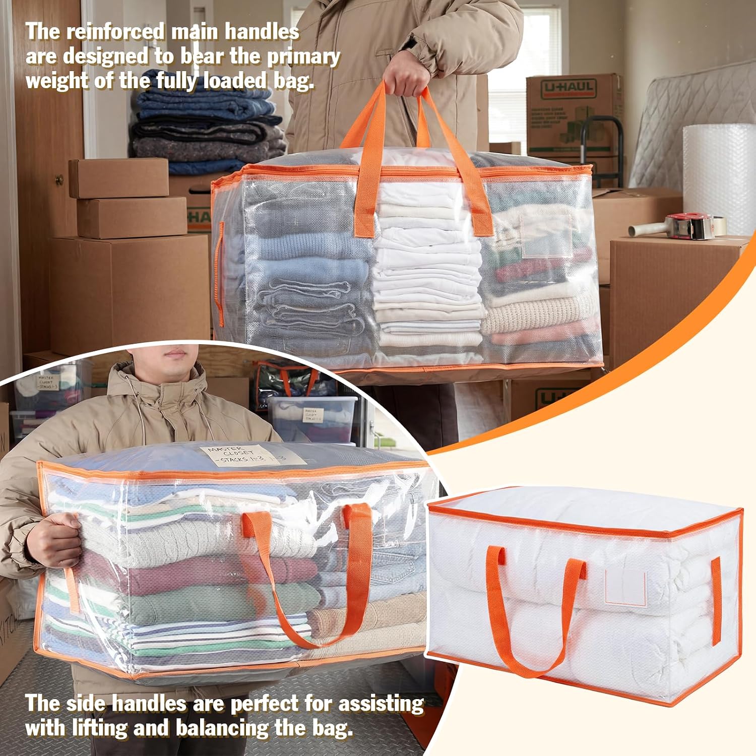 KYODOLED 10-Pack Clear Moving Bags Heavy Duty Extra Large. Storage Totes with Reinforced Handles. Zippers & Label Pocket. Transparent Packing Containers for College Dorm. Clothes. Bedding. Toys - Image 4